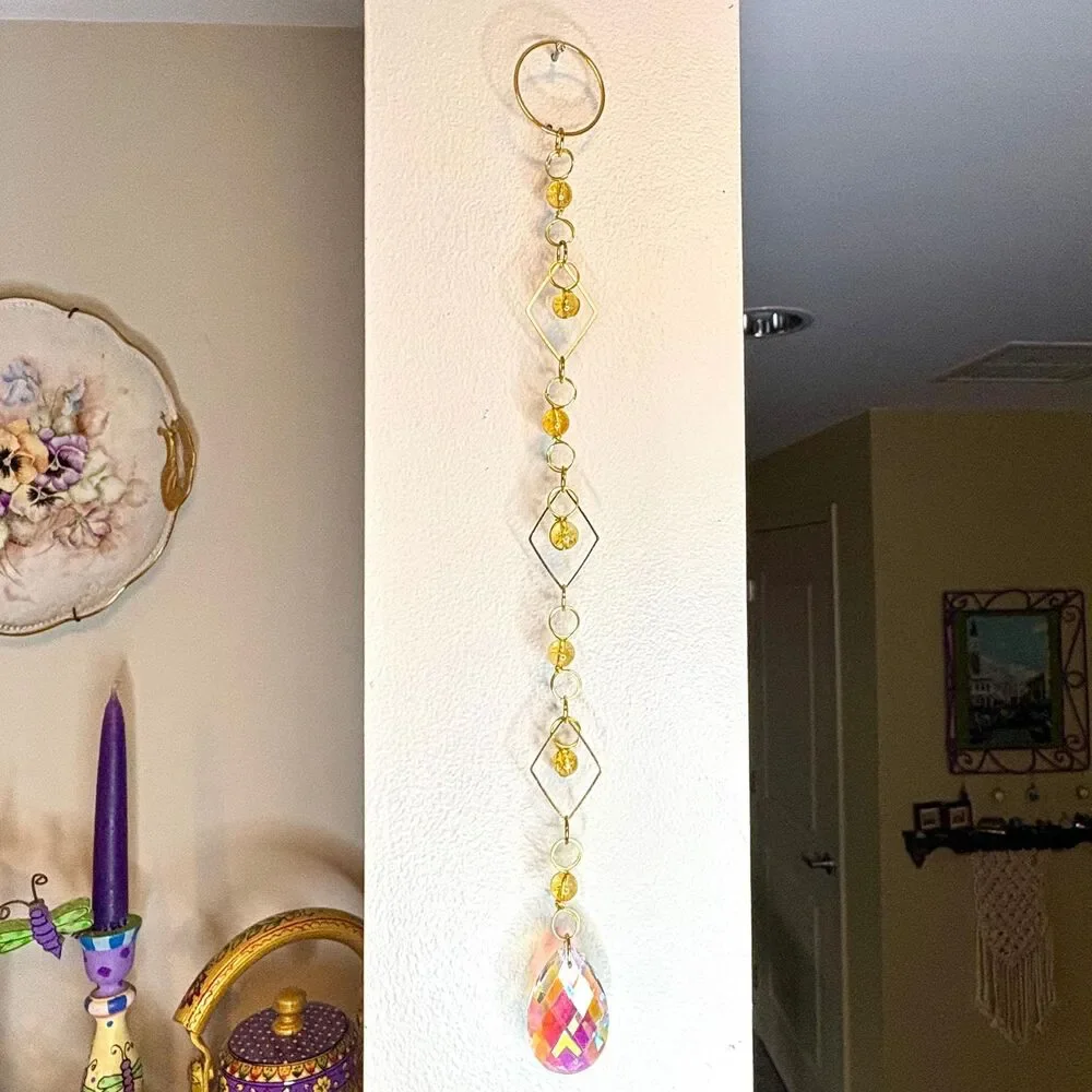 Citrine Bead Wall Hanging | Gold Diamond Frame | Aurora Borealis Teardrop Prism